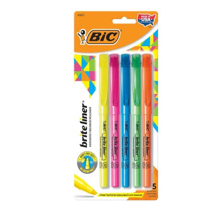 One 5-count pack of BIC Brite Liner Highlighters Assorted Colors with one of each of the follow colors: yellow, pink, blue, green and orange Dependable highlighters bulk pack with a chisel tip for broad highlighting or fine underlining Highlighter set with translucent ink that emphasizes what’s important on the page without obscuring the highlighted text Long-lasting colorful highlighters write up to eight hours without drying out even with the cap left off ACMI-approved highlighters are a perfect addition to your art, school or office supplies Five highly visible, colored highlighters in blue, green, orange, purple and iconic yellow highlighter